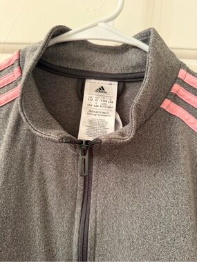 Adidas Gray Zip-Up Track Jacket with Pink Stripes